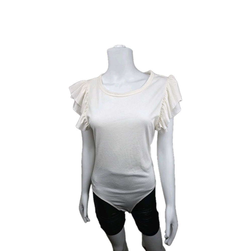 Karlie ribbed knit bodysuit flutter ruffle short sleeves ivory Size L Minimalist